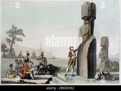 Jean-Francois Galaup, comte de la Pérouse (Jean Francois Laperouse, 1741-1788) devant les statues de l'Ile de Pâques (Rapa Nui) - dans 'le costume ancien et moderne' par Ferrario, 1819-20 Banque D'Images