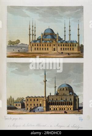 Empire Ottoman : Mosquée bleue (ou Sultanahmet Camii) construite par le sultan Ahmet (Ahmed) i et mosquée de Laleli a Istanbul - in 'le costume ancien et moderne' par Ferrario, 1819-20 Banque D'Images