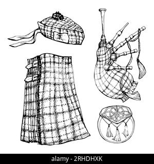 Esquisse vectorielle dessinée à la main à l'encre d'objets isolés. Symboles écossais, kilt tartan, chapeau de béret écossais, poche de sporran, cornemuse. Design pour le tourisme Illustration de Vecteur