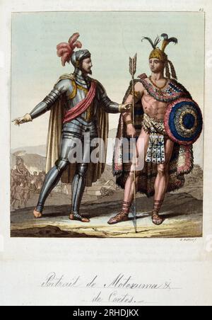 Montezuma II, roi azteque, et Hernan (ou Hernando) Cortes ou Fernand Cortez (1485-1547), conquistador espagnol - dans 'le costume ancien et moderne' par Ferrario, 1819-20 Banque D'Images