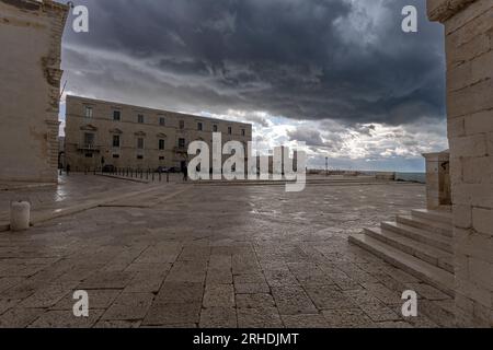 TRANI, ITALIE, 8 JUILLET 2022 - le palais de justice de Trani et le château souabe en arrière-plan par une journée très nuageuse, Trani, Pouilles, Italie Banque D'Images