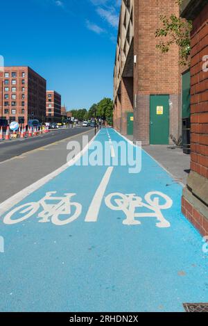 Pistes cyclables bleu vif dédiées sur la Dudley Road à Ladywood, Birmingham Banque D'Images