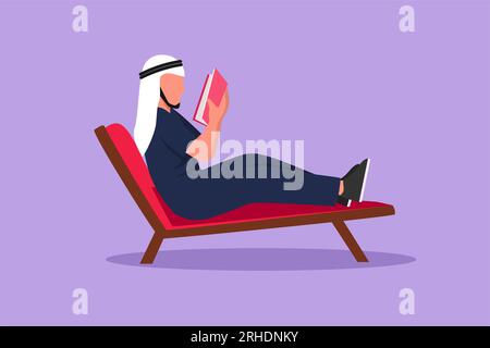 Livre de lecture d'homme incliné à dessin à plat dans une chaise longue. Détendez-vous avec le concept de bonne histoire. Lecteur masculin arabe intelligent appréciant literatur Banque D'Images