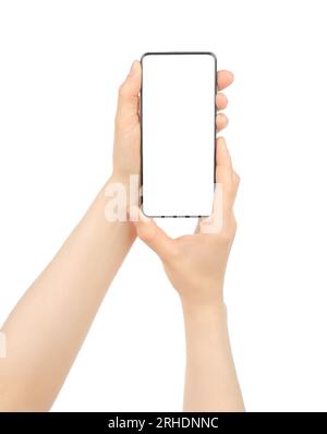 Mains tenant le téléphone intelligent moderne, isolé sur fond blanc gros plan Banque D'Images