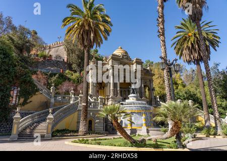 La Fontaine de Neptune sur la terrasse de Neptune sur Cerro Santa Lucia ou Santa Lucia Hill, un parc public à Santiago, Chili. Banque D'Images