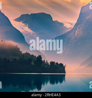 Une photographie de 1:1 carrés d'un lever de soleil au Kjenndalsbreen, un bras latéral du glacier Jostedalsbreen situé au sud du lac Lovatnet près de Loen, à Stryn Banque D'Images