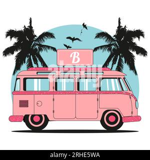 Autocar rose vintage avec palmier. Design plat hippie van pour tshirt. Voyage familial en bus touristique d'été. RV Travel pour les filles. Barbiecore. Style groovy. Illustration vectorielle Illustration de Vecteur