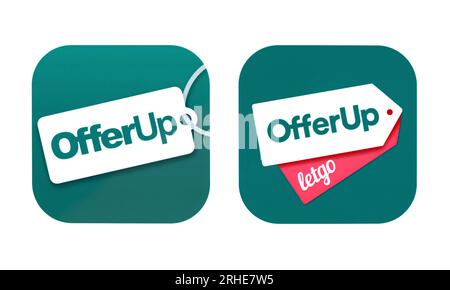 Kiev, Ukraine - 28 août 2022 : anciennes et nouvelles icônes de l'application OfferUp, imprimées sur papier. OfferUp est un marché C2C mobile-first en ligne avec emphasi Banque D'Images