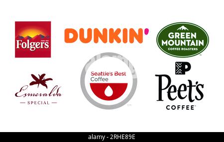 Kiev, Ukraine - 20 septembre 2022 : ensemble de logos des meilleures marques de café populaires dans le monde, tels que : Folgers, Dunkin, Green Mountain, Esmeralda, Seattle' Banque D'Images