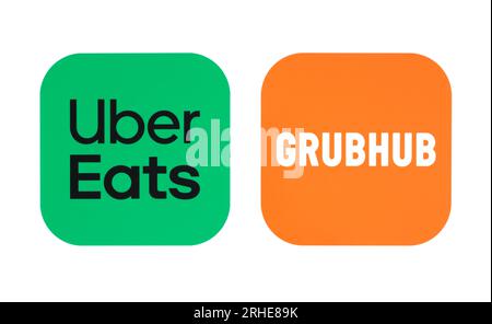 Kiev, Ukraine - 20 septembre 2022 : ensemble de nouvelles icônes des applications mobiles Uber Eats et GrubHub, imprimées sur papier Banque D'Images