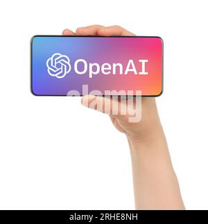 Kiev, Ukraine - 08 mars 2023 : logo OpenAI sur l'écran du téléphone en main. OpenAI est une organisation de recherche en intelligence artificielle à but non lucratif qui vise à Banque D'Images