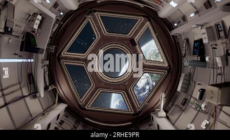 8k SciFi Spaceship Corridor rendu 3d, intérieur de la navette basé sur la station spatiale de coupole ISS International Space station.window à la vue de la terre Banque D'Images