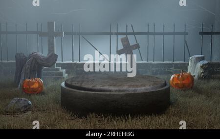 Podium en ciment dans le cimetière, carte Halloween et conception de vitrine de produits, rendu d'illustration 3D. Banque D'Images