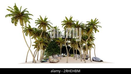 Petite île avec des cocotiers sur la plage paradisiaque, rendu d'illustrations 3D. Banque D'Images