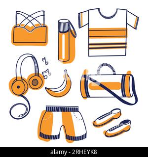 Ensemble d'illustrations vectorielles isolées sur fond blanc. Vêtements de sport, bouteille d'eau, banane, sac à bagages, écouteurs, chaussures de sport. Illustration de Vecteur