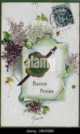 Carte de voeux de bonne annee - carte postale datee 1907 Banque D'Images