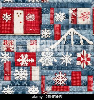 Chalet de noël rustique avec effet de tissu de couture à la main primitive. Cosy nostalgique shabby chic homespun americana hiver artisanat style Banque D'Images