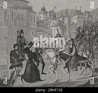 Croisade contre les Cathares (1209-1244). Entrée en Avignon du roi Louis VIII de France (1187-1226) et du légat pontifical, le cardinal Romain de Sant'Angelo, le 12 septembre 1226. La ville venait de capituler après un siège de trois mois. Gravure d'après une miniature dans 'chroniques de Hainaut', 1446-1448. « Vie militaire et religieuse au Moyen Age et à l'époque de la Renaissance ». Paris, 1877. Banque D'Images