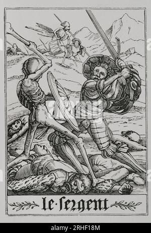 Le Sergent. Un soldat luttant contre la mort. A ses pieds reposent les corps d'autres guerriers. En arrière-plan est montré un champ de bataille et un squelette jouant un tambour. Fac-similé d'une gravure appartenant à la série 'la danse de la mort' dans 'les Simulacres de la mort et histoires faciées de la mortt', édition latine, 1547. Vie militaire et religieuse au Moyen Age et à l'époque de la Renaissance, Paris, 1877. Banque D'Images