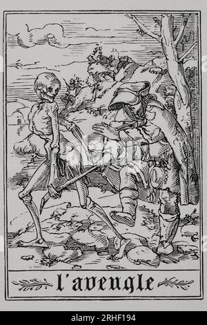 L'homme aveugle La mort attrape le bâton de marche de l'aveugle et le guide. Fac-similé d'une gravure appartenant à la série 'la danse de la mort' dans 'les Simulacres de la mort et histoires faciées de la mortt', édition latine, 1547. Vie militaire et religieuse au Moyen Age et à l'époque de la Renaissance, Paris, 1877. Banque D'Images