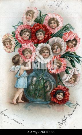 Carte de voeux de bonne annee : bouquet de fleurs avec des tetes d'enfants dans un vase - carte postale datee 1905 Banque D'Images