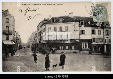 Ile de France, Val de Marne, Créteil : Grande rue, place de l'Eglise - carte postale date 1906 Banque D'Images