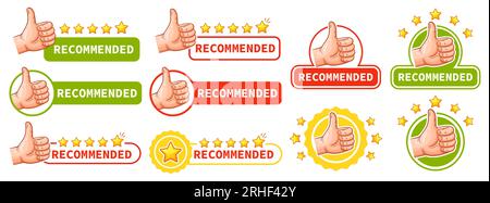 Recommandé, geste de pouce levé, bon choix, meilleure recommandation, note élevée, ensemble d'icônes de produit de qualité garantie. Commentaires positifs des clients. Vecteur Illustration de Vecteur