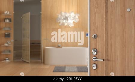 Porte d'entrée en bois s'ouvrant sur une salle de bain spa moderne, une baignoire sur pied, un sauna, du parquet et une lampe suspendue, concept de design intérieur Banque D'Images