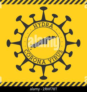 Corona virus dans le signe Hydra. Badge rond avec forme de virus et carte Hydra. Timbre de verrouillage de l'épidemie de l'île jaune. Illustration vectorielle. Illustration de Vecteur