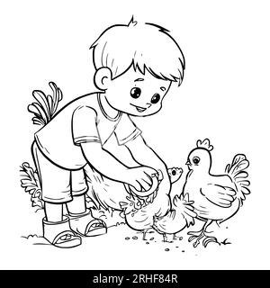 Un garçon nourrit des poulets pages à colorier pour les enfants Illustration de Vecteur