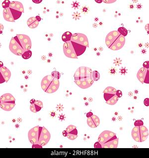 Mignon coccinelles roses et fleurs fond de motif vectoriel sans couture. Personnages de coccinelle en carton Kawaii avec de jolies fleurs sur fond blanc. Éparpillé Illustration de Vecteur