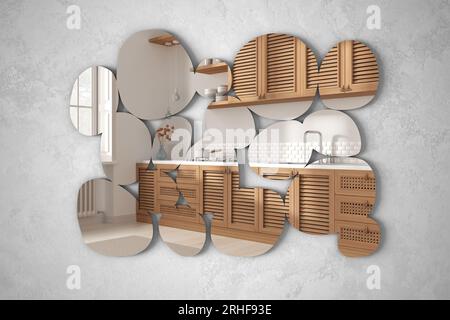 Miroir moderne en forme de galets accroché au mur reflétant la scène de design d'intérieur, cuisine en bois de campagne blanc lumineux, architecte minimaliste Banque D'Images