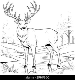 Big Deer sur la rive de la rivière dessin de page de coloriage pour les enfants Illustration de Vecteur