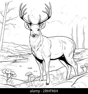 Big Deer sur la rive de la rivière dessin de page de coloriage pour les enfants Illustration de Vecteur