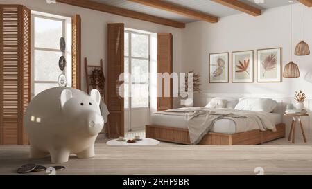 Plateau de table ou étagère en bois avec banque de piggy blanche avec pièces de monnaie, romantique chambre à coucher de campagne en bois, design intérieur de maison cher, rénovation de restructuration Banque D'Images