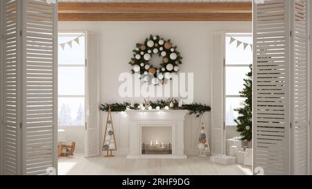 Porte pliante blanche ouvrant sur la salle de séjour de Noël avec arbre et cheminée, fenêtres panoramiques sur le paysage d'hiver, design intérieur moderne, architecte Banque D'Images