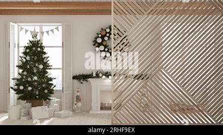 Panneau en bois, salon de Noël avec arbre et cheminée, fenêtres panoramiques sur le paysage hivernal. Design intérieur zen minimaliste ID Banque D'Images