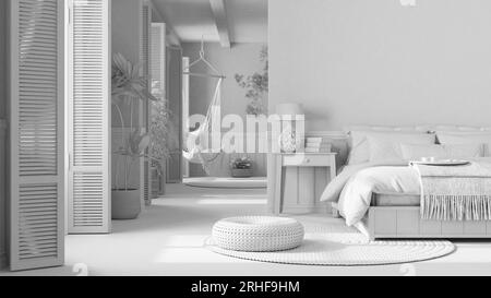 Total blanc projet brouillon, pays chambre en bois gros plan dans le style boho. Lit, chaise longue et plantes en pot. Fenêtre avec volets et papier peint. Bo Banque D'Images