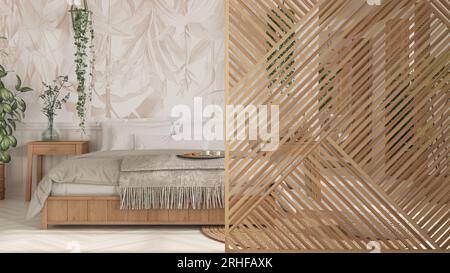 Chambre en bois bohème avec panneaux en gros plan, style bohème. Lit double, chaise longue et plantes en pot. Décoration intérieure de ferme méditerranéenne con Banque D'Images