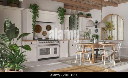 Cuisine et salle à manger avec détails en bois dans le style bohème. Table avec chaises, moquette et appareils électroménagers dans les tons blanc et beige. Pays de boho interio Banque D'Images