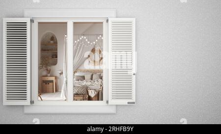 Mur extérieur en plâtre avec fenêtre blanche avec volets, montrant la chambre intérieure boho avec lit à baldaquin, fond blanc avec espace de copie, architecture d Banque D'Images