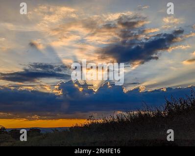 Totnes, Royaume-Uni. 16 août 2023. Coucher de soleil vif sur la campagne du Devon après une journée de beau temps. Crédit : Thomas Faull/Alamy Live News Banque D'Images