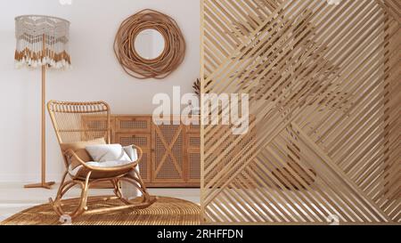 Salle de séjour en bois bohème en gros plan, style boho. Commode et mobilier en rotin. Décoration intérieure méditerranéenne de la ferme Banque D'Images