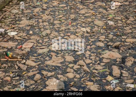 Un canal à Dhaka recouvert de différents types de déchets plastiques. Dhaka, Bangladesh Banque D'Images
