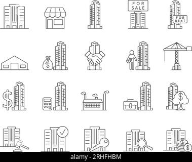 Jeu d'icônes immobilières commerciales. Bureau, bâtiment, propriété. Contour modifiable. Collection vectorielle d'icônes simples Illustration de Vecteur