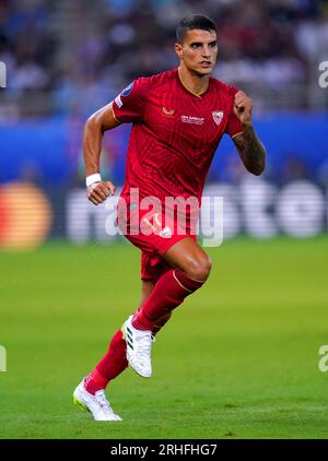 Erik Lamela de Séville lors du match de Super coupe de l'UEFA au stade Georgios Karaiskakis, au Pirée. Date de la photo : mercredi 16 août 2023. Banque D'Images