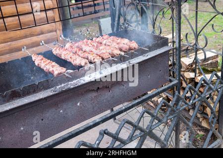 Délicieux shish kebab sur des brochettes de viande rouge sur le gril Banque D'Images