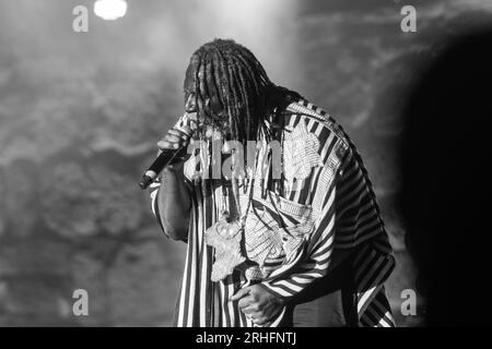 16 août 2023, Carthage, Tunis, Tunisie : concert de Tiken Jah Fakoly, de son vrai nom Doumbia Moussa Fakoly, né le 23 juin 1968 à OdiennÃ©, Côte d'Ivoire, est un auteur-compositeur-interprète et chanteur de reggae.photo : Wassime Mahjoub. (Image de crédit : © Chokri Mahjoub/ZUMA Press Wire) USAGE ÉDITORIAL SEULEMENT! Non destiné à UN USAGE commercial ! Banque D'Images