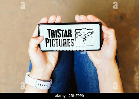 Brésil. 16 août 2023. Dans cette illustration photo, le logo TriStar Pictures vu affiché sur un smartphone. (Image de crédit : © Rafael Henrique/SOPA Images via ZUMA Press Wire) USAGE ÉDITORIAL SEULEMENT! Non destiné à UN USAGE commercial ! Banque D'Images