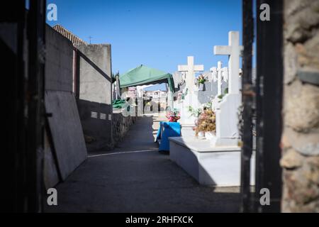 Madrid, Espagne. 16 août 2023. Une vue générale du cimetière de Colmenar où se déroulent les travaux d’exhumation. Les travaux d’exhumation se poursuivent sur les ossements de ceux qui ont été réprimés par la dictature franquiste dans le cimetière de la ville de Colmenar Viejo à Madrid. (Image de crédit : © David Canales/SOPA Images via ZUMA Press Wire) USAGE ÉDITORIAL SEULEMENT! Non destiné à UN USAGE commercial ! Banque D'Images